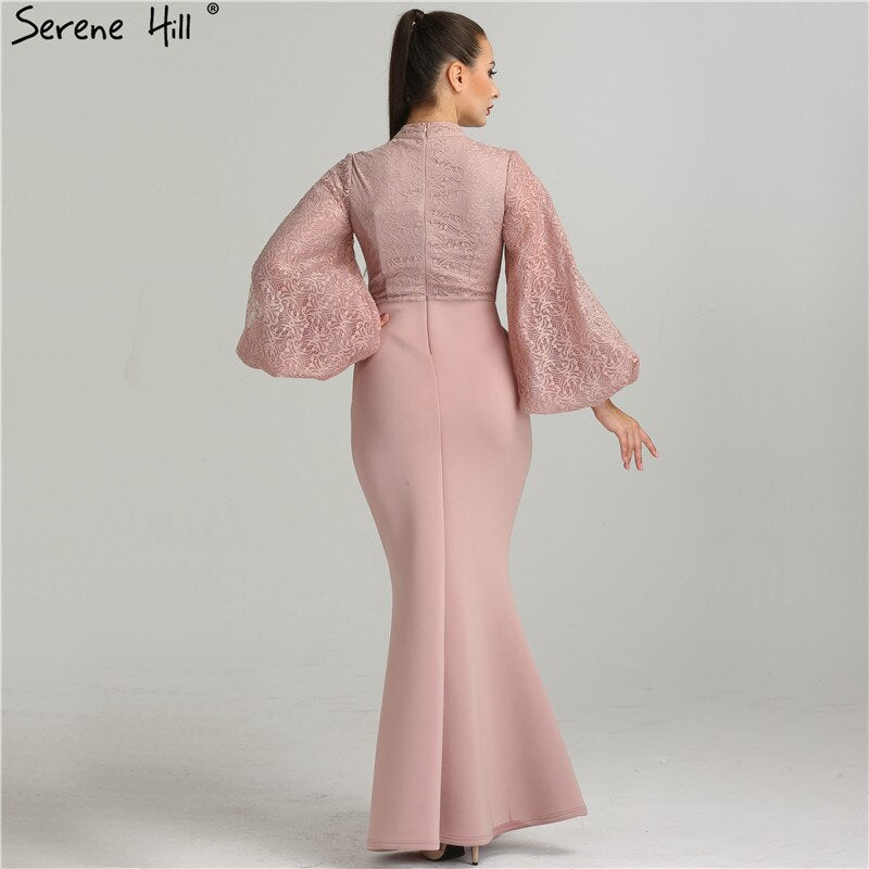 En oferta, sin devolución ni reembolso, venta de vestidos de noche musulmanes rosas con mangas abullonadas y corte sirena, elegantes vestidos de fiesta para mujer QA8002 2025