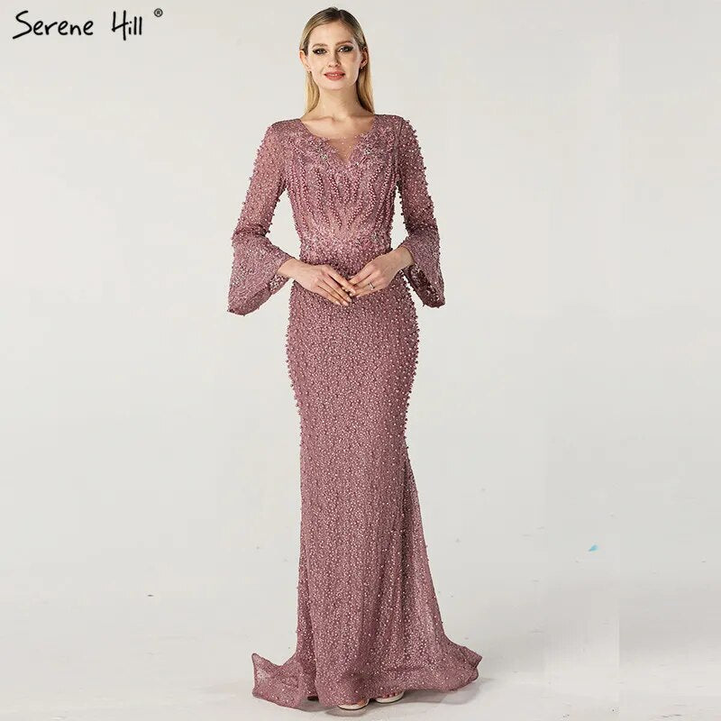 Vestido de noche musulmán de sirena rosa de lujo con encaje y cuentas de perlas, mangas largas, formal, para fiesta, talla grande 2025, LA60813.