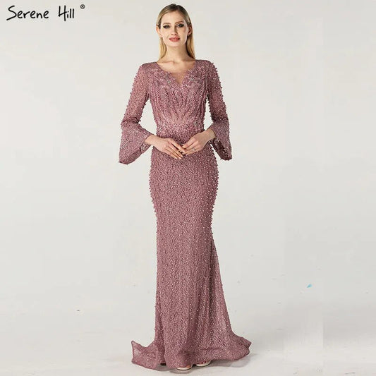 Vestido de noche musulmán de sirena rosa de lujo con encaje y cuentas de perlas, mangas largas, formal, para fiesta, talla grande 2025, LA60813.