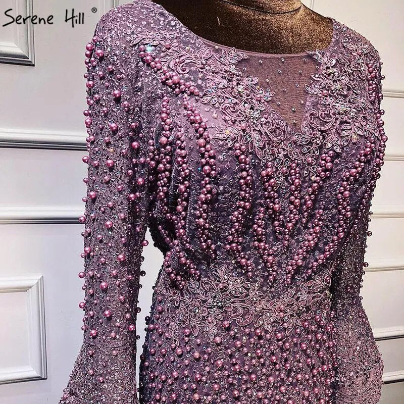 Vestido de noche musulmán de sirena rosa de lujo con encaje y cuentas de perlas, mangas largas, formal, para fiesta, talla grande 2025, LA60813.