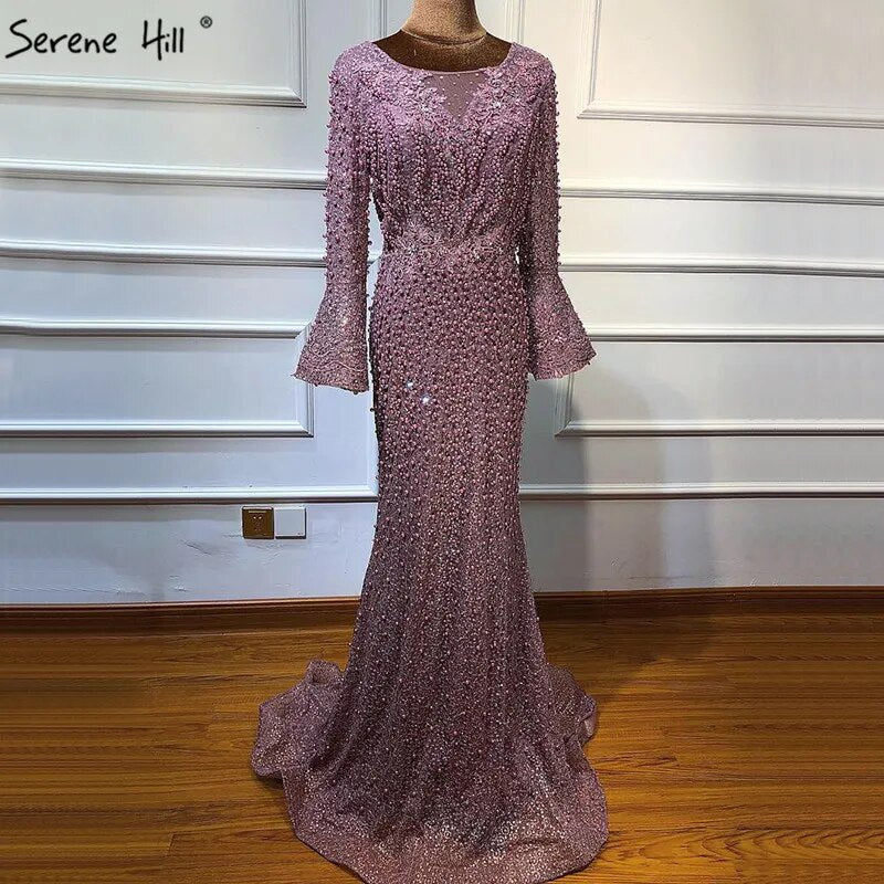 Vestido de noche musulmán de sirena rosa de lujo con encaje y cuentas de perlas, mangas largas, formal, para fiesta, talla grande 2025, LA60813.