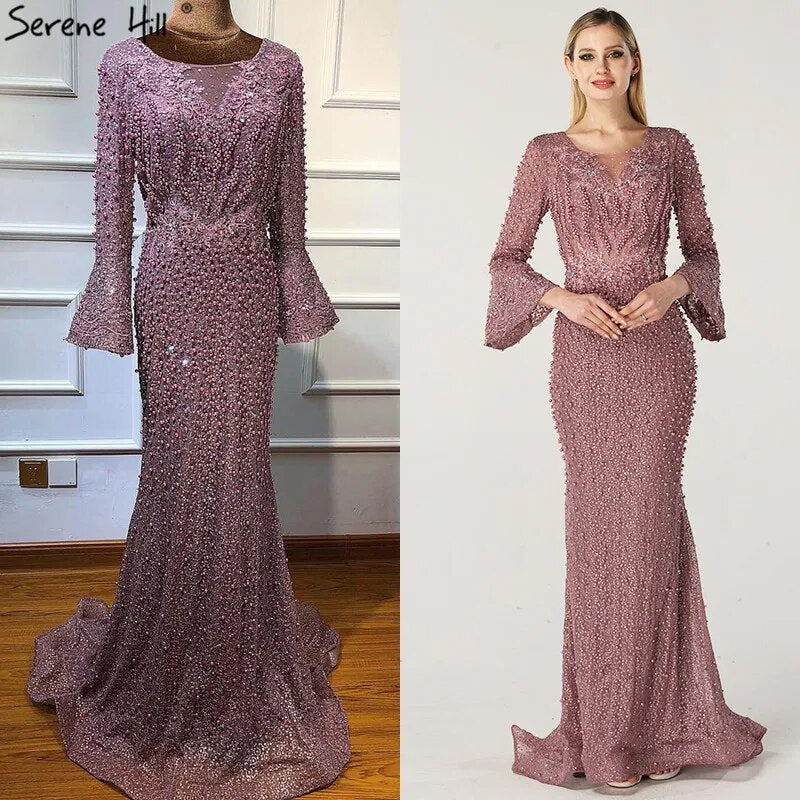 Vestido de noche musulmán de sirena rosa de lujo con encaje y cuentas de perlas, mangas largas, formal, para fiesta, talla grande 2025, LA60813.