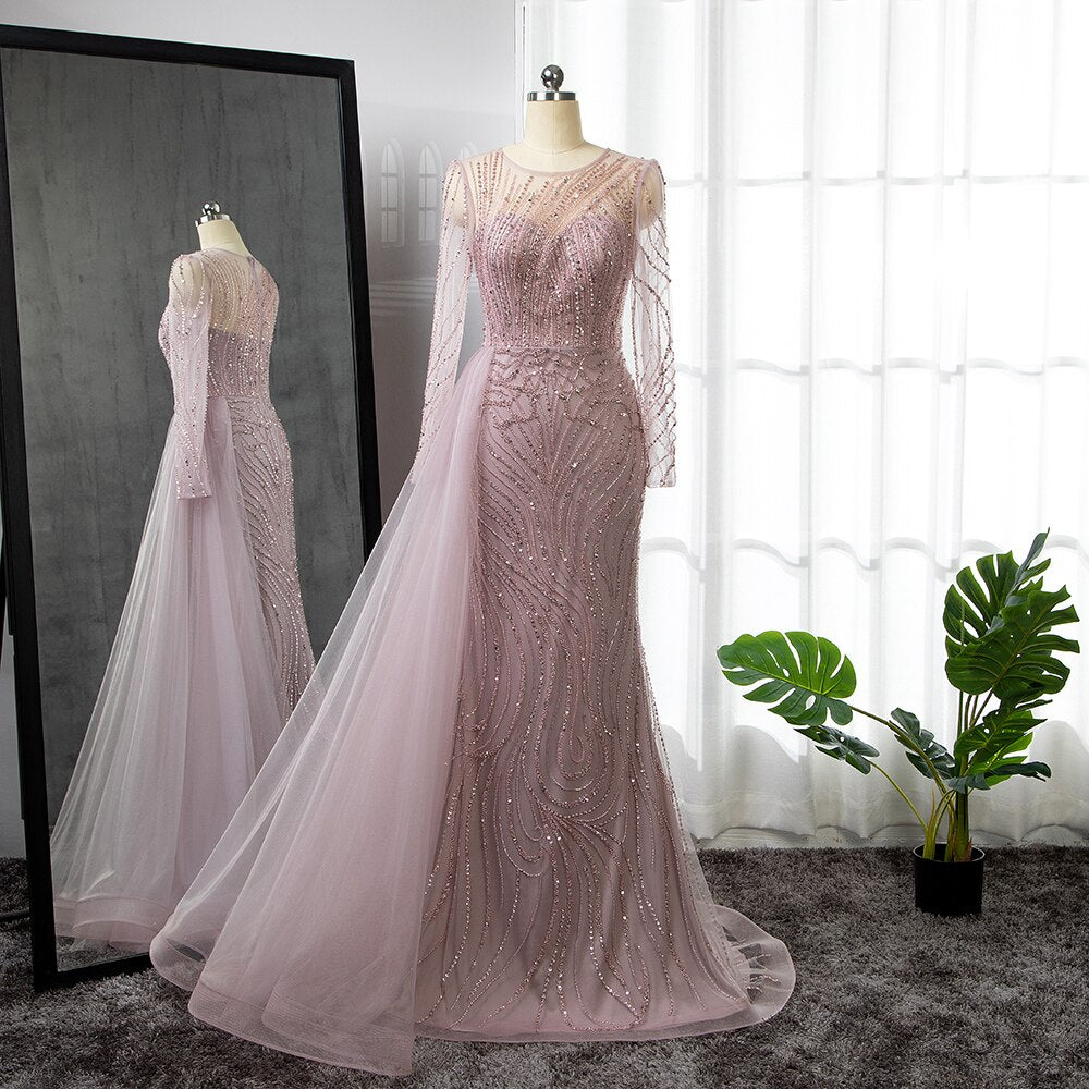 Pink Mermaid With Skirt Long Evening Dresses Gowns 2025 O-Neck Elegant Beaded Luxury For Women Party LA71673