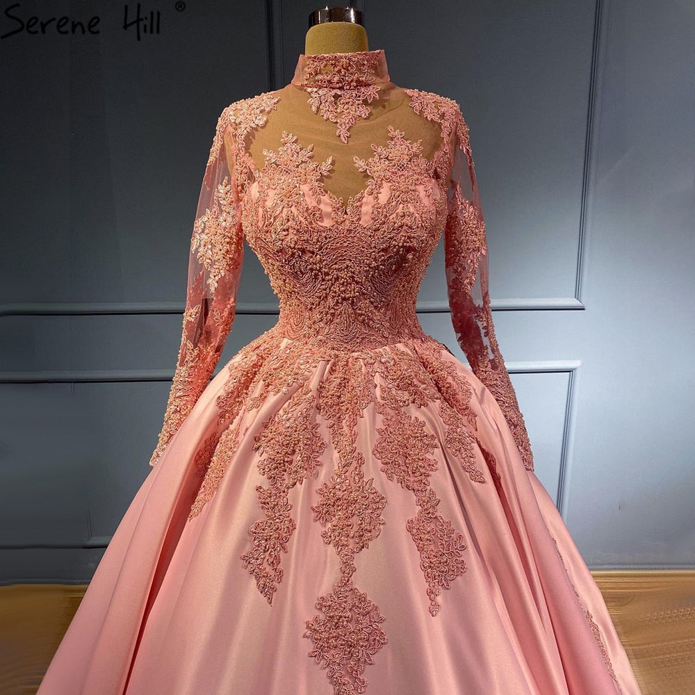 Muslim Pink Satin Evening Dresses Gowns 2025 Beaed Luxury Ball Gown For Women Party LA71224