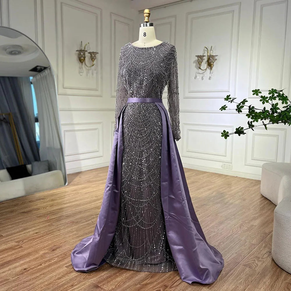 Muslim Purple Mermaid Beaded Pearls Evening Gown with Detachable Overskirt for Women | Wedding Party 2025 LA72032E