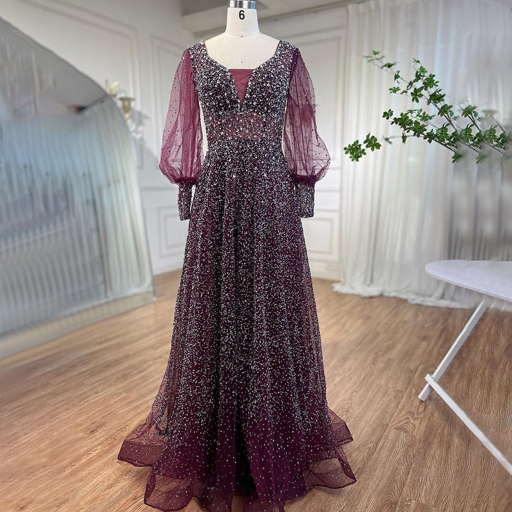 Muslim Purple A Line Elegant Puff Sleeves Evening Dresses Gowns Luxury Beaded 2025 For Women Wedding Party LA72145