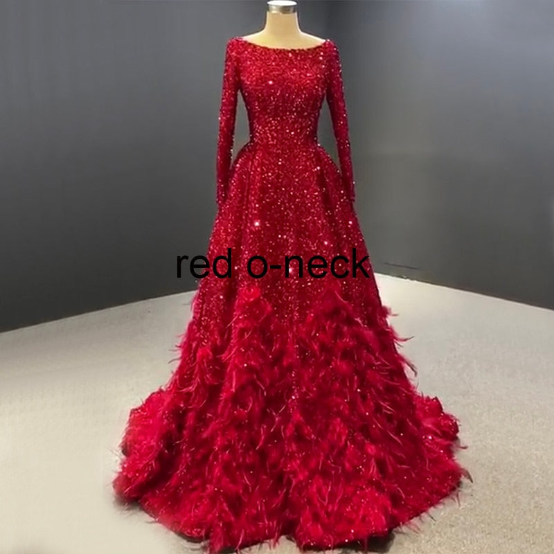 Muslim Red A-Line Luxury Evening Dresses Gowns 2025 Sparkle Feather For Women Party HM67124