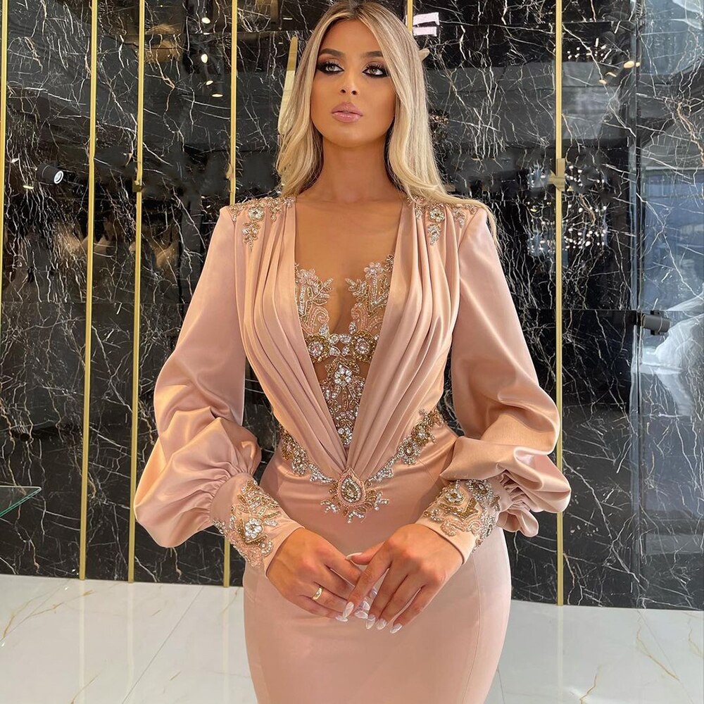 Muslim Rose Mermaid Evening Dresses Gowns 2025 Luxury Beaded Elegant Satin For Women Party LA71511