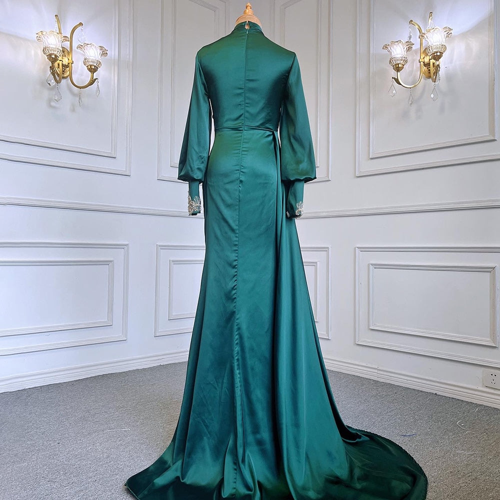 Muslim Satin Green Beaded Elegant With Skirt Mermaid Evening Dresses Gowns 2025 For Women Party LA71532