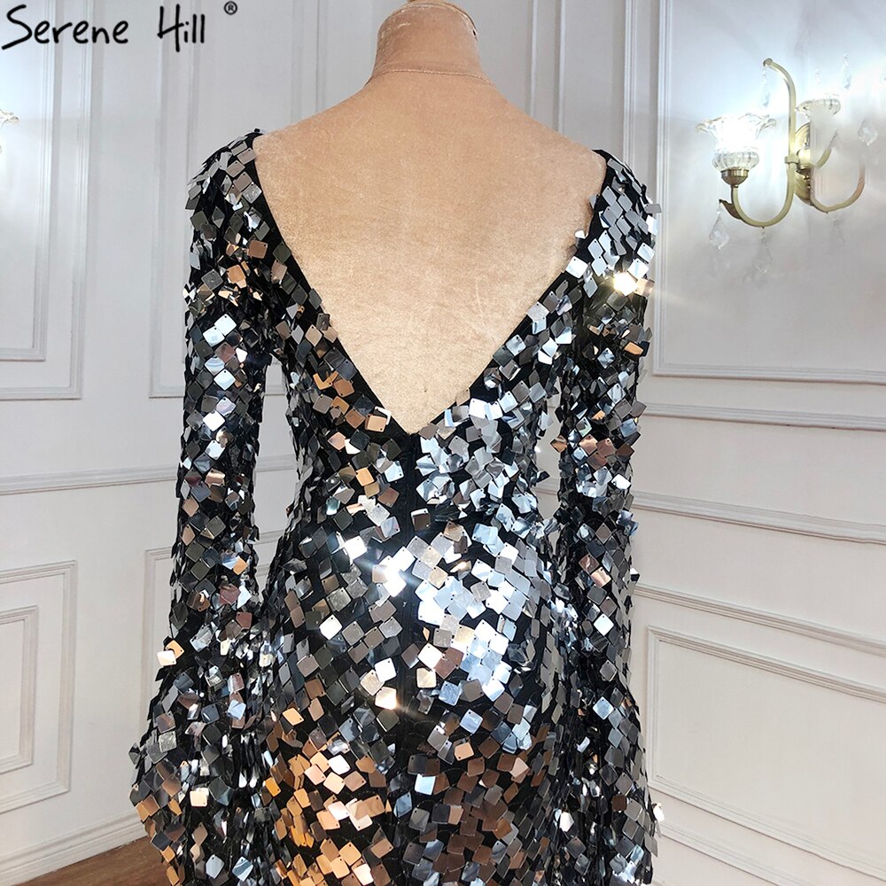 En oferta, sin devolución ni reembolso, vestidos de noche musulmanes de sirena plateados, vestidos de noche 2025 con mangas acampanadas, elegantes para mujer para fiesta LA70650