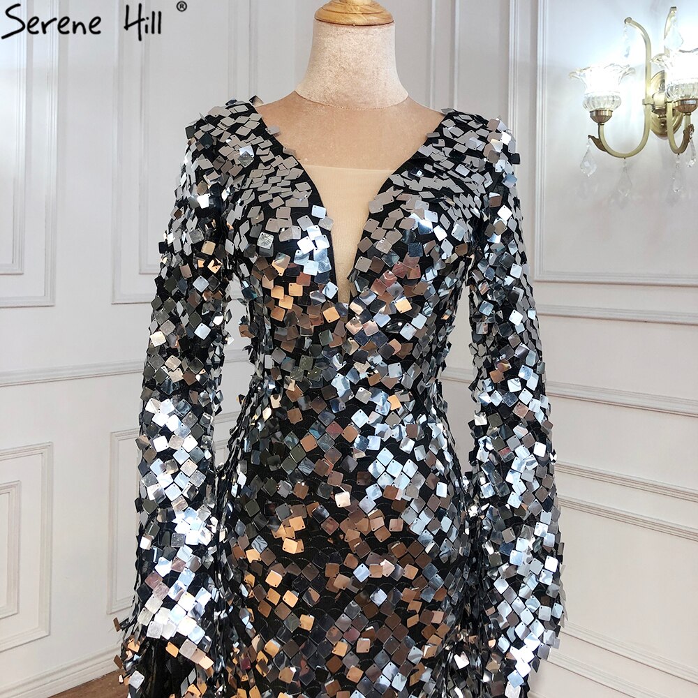 En oferta, sin devolución ni reembolso, vestidos de noche musulmanes de sirena plateados, vestidos de noche 2025 con mangas acampanadas, elegantes para mujer para fiesta LA70650