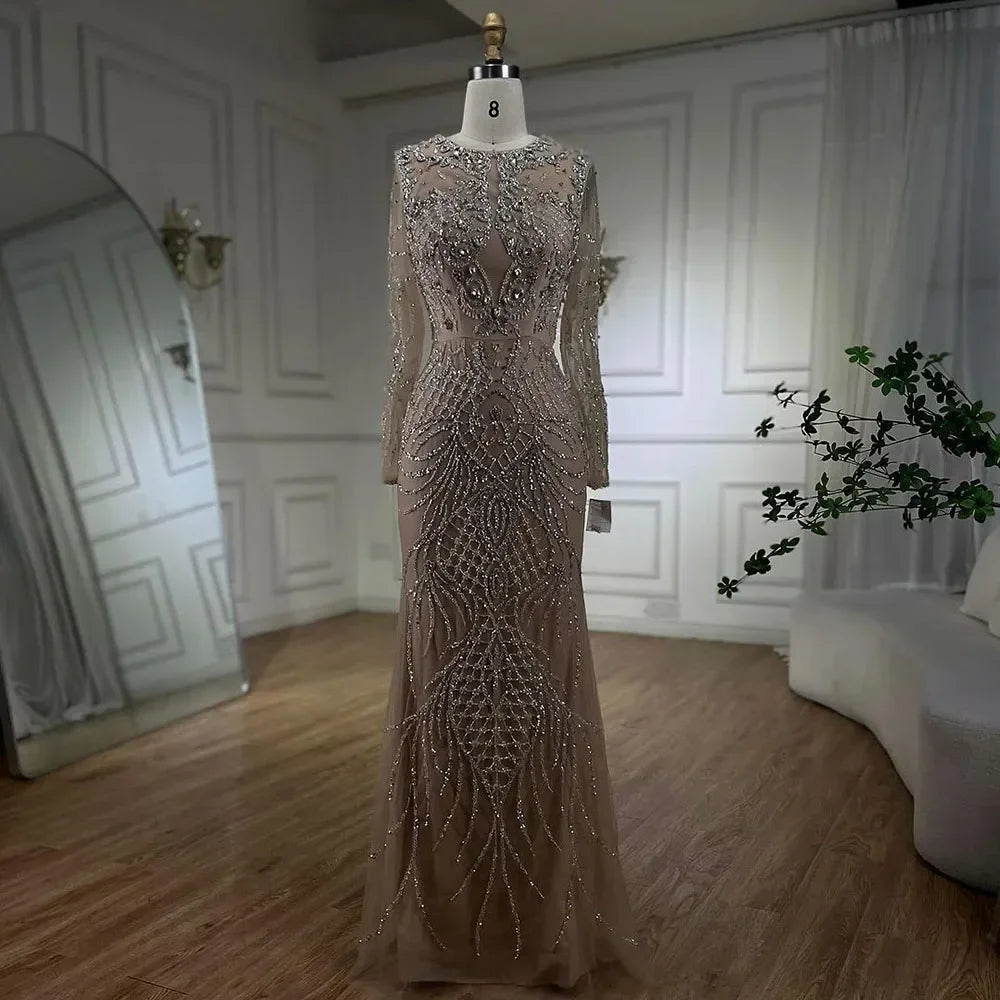 Muslim Silver Nude Mermaid Gown with Detachable Overskirt Beaded Evening Dress for Women Wedding Party 2025 LA71919