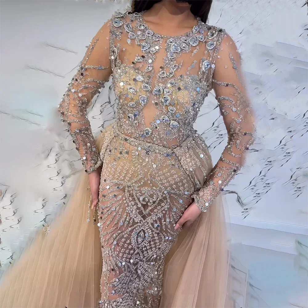 Muslim Silver Nude Mermaid Gown with Detachable Overskirt Beaded Evening Dress for Women Wedding Party 2025 LA71919