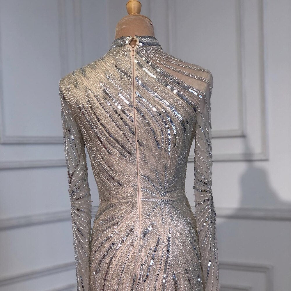 Muslim Sliver Nude Elegant Mermaid High Neck Evening Dresses Gowns Beaded Luxury 2025 For Women Party LA71735