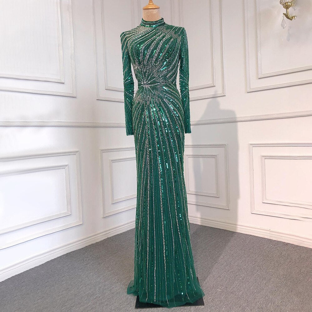 Muslim Sliver Nude Elegant Mermaid High Neck Evening Dresses Gowns Beaded Luxury 2025 For Women Party LA71735
