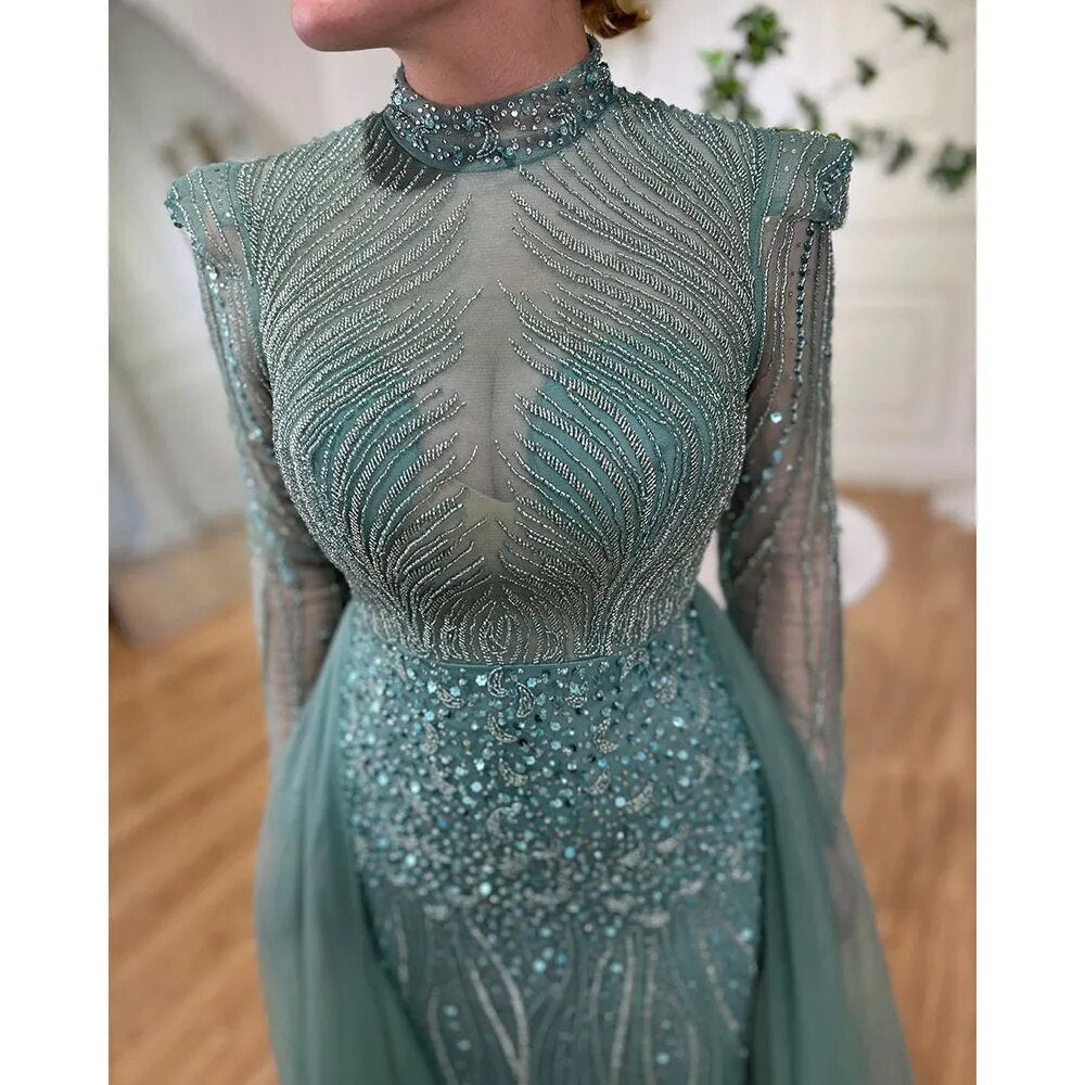 Muslim Turquoise Elegant Mermaid With Overskirt Beaded Evening Dresses Gowns 2025 For Women Wedding Party LA72166