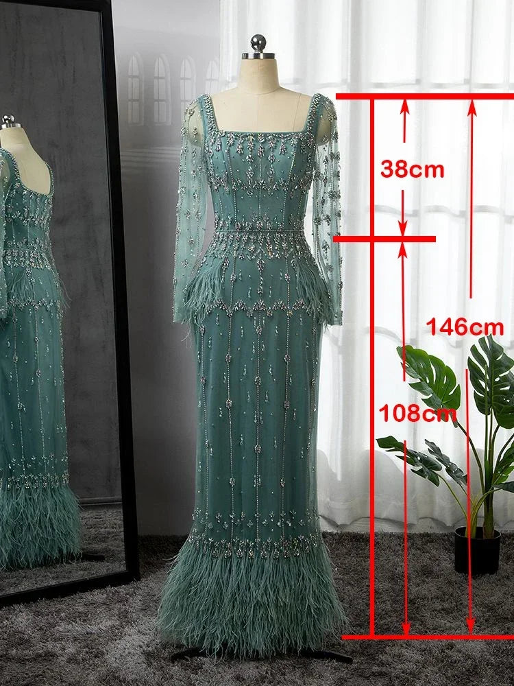 Muslim Turquoise Mermaid Elegant Evening Dresses Gowns 2025 Luxury Beaded Feather for Women Party LA71722