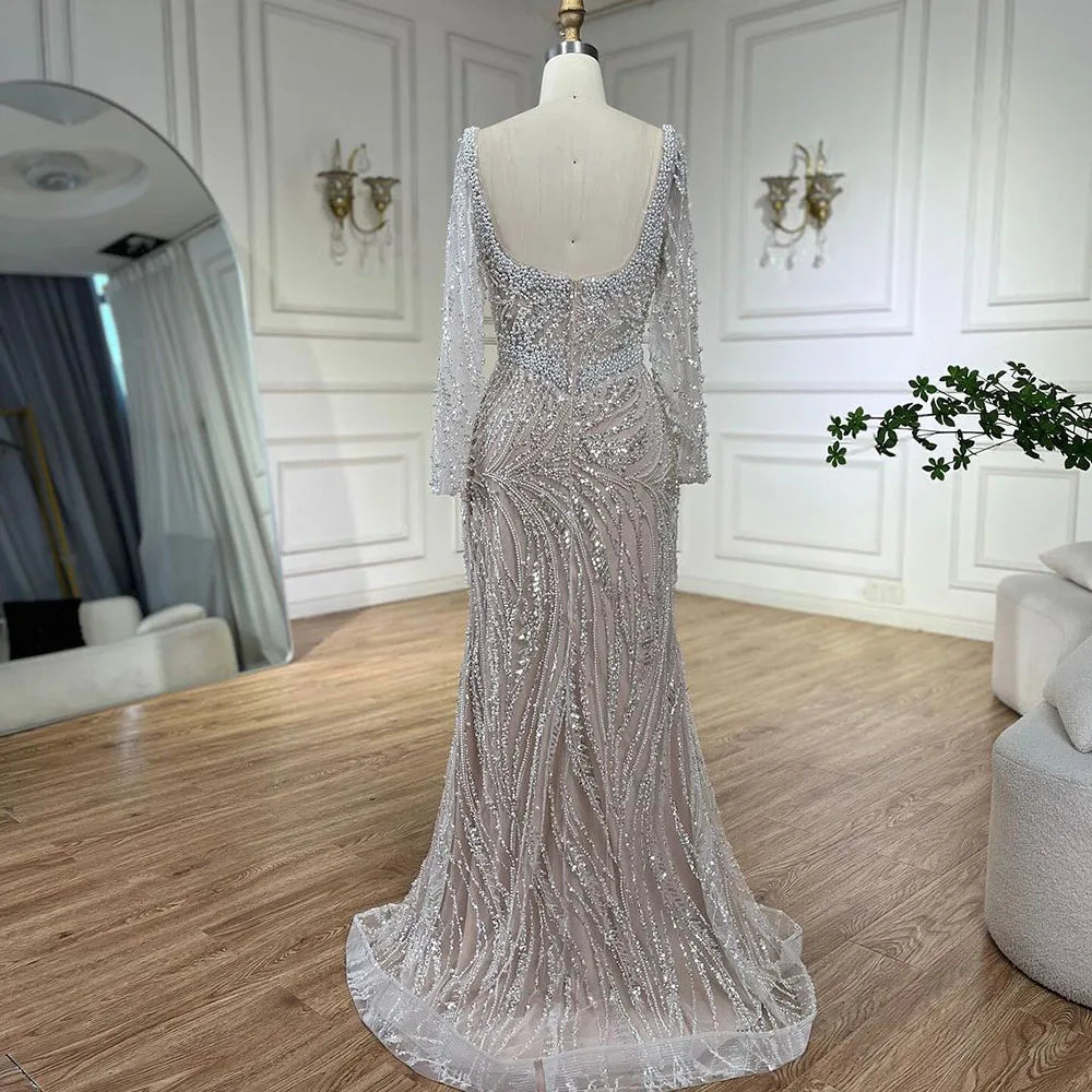 Muslim White Nude Elegant Mermaid Luxury Dubai Evening Dresses Gowns Pearls Beaded For Women Wedding Party LA72266A