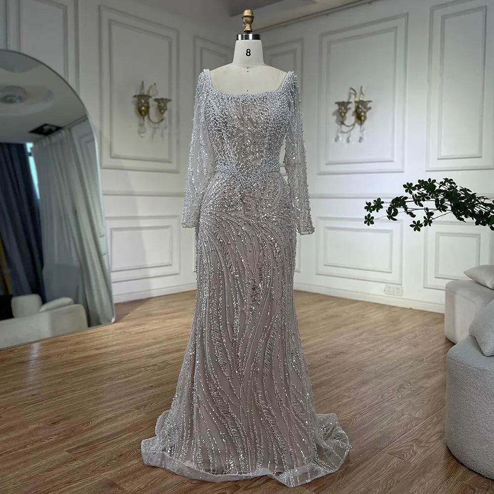 Muslim White Nude Elegant Mermaid Luxury Dubai Evening Dresses Gowns Pearls Beaded For Women Wedding Party LA72266A
