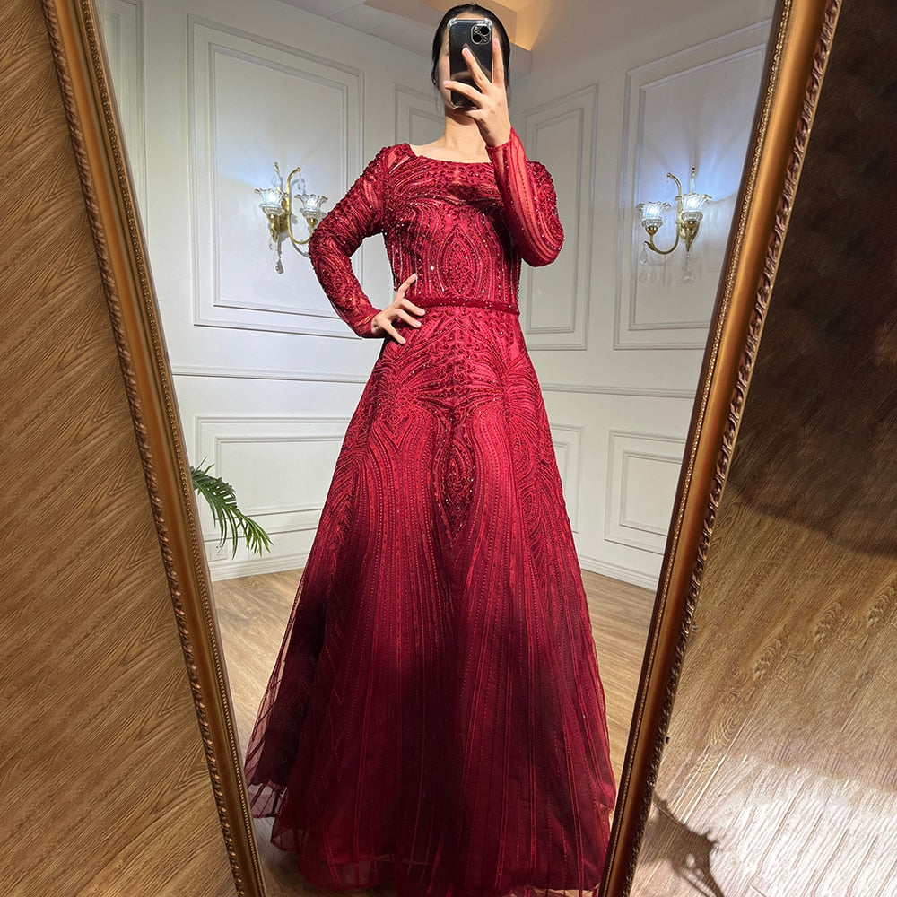 Muslim Wine Red Luxury Evening Dresses Gowns 2025 A-Line Beaded For Women Wedding Party LA71873