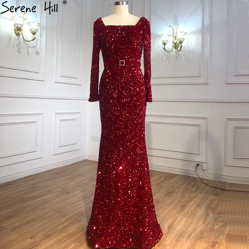 Muslim Wine Red Mermaid Evening Dresses Gowns 2025 Luxury Long Sleeves Elegant For Women Party LA70797