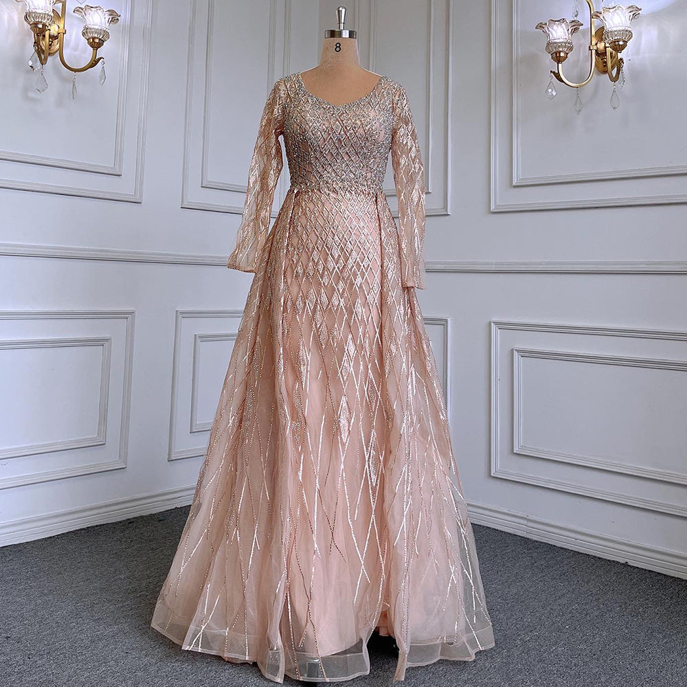 Muslim grey With Overskirt O-Neck Evening Dresses Gowns Luxury Beaded 2025 For Woman Party LA71723