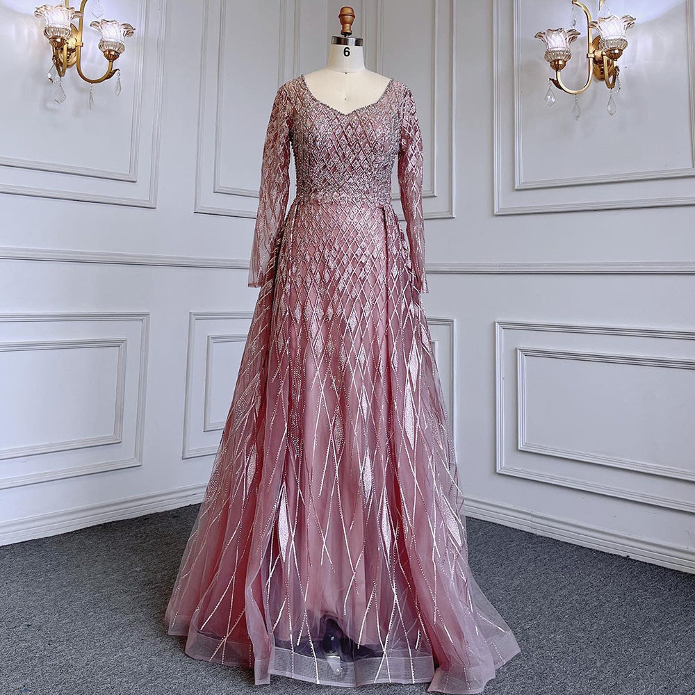 Muslim grey With Overskirt O-Neck Evening Dresses Gowns Luxury Beaded 2025 For Woman Party LA71723