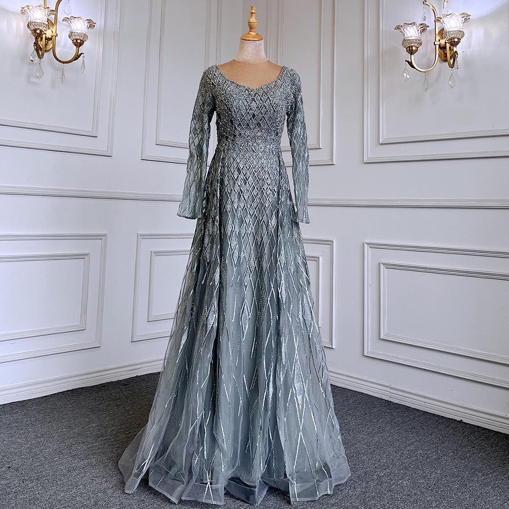 Muslim grey With Overskirt O-Neck Evening Dresses Gowns Luxury Beaded 2025 For Woman Party LA71723