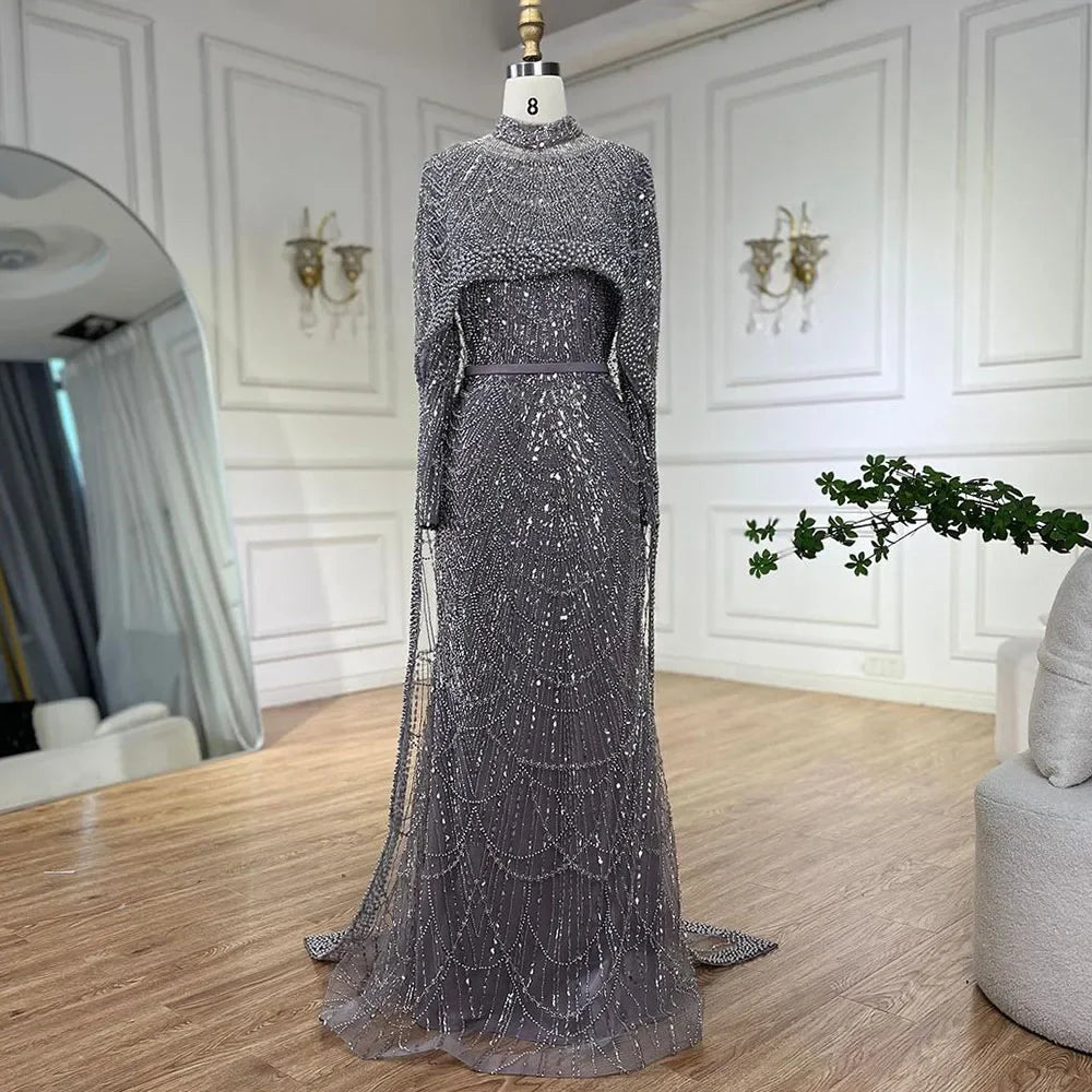 Muslim hajab Mermaid Long Cape Dubai Arabia Luxury Evening Dresses Gowns for Women Wedding Party 2025 LA72032M