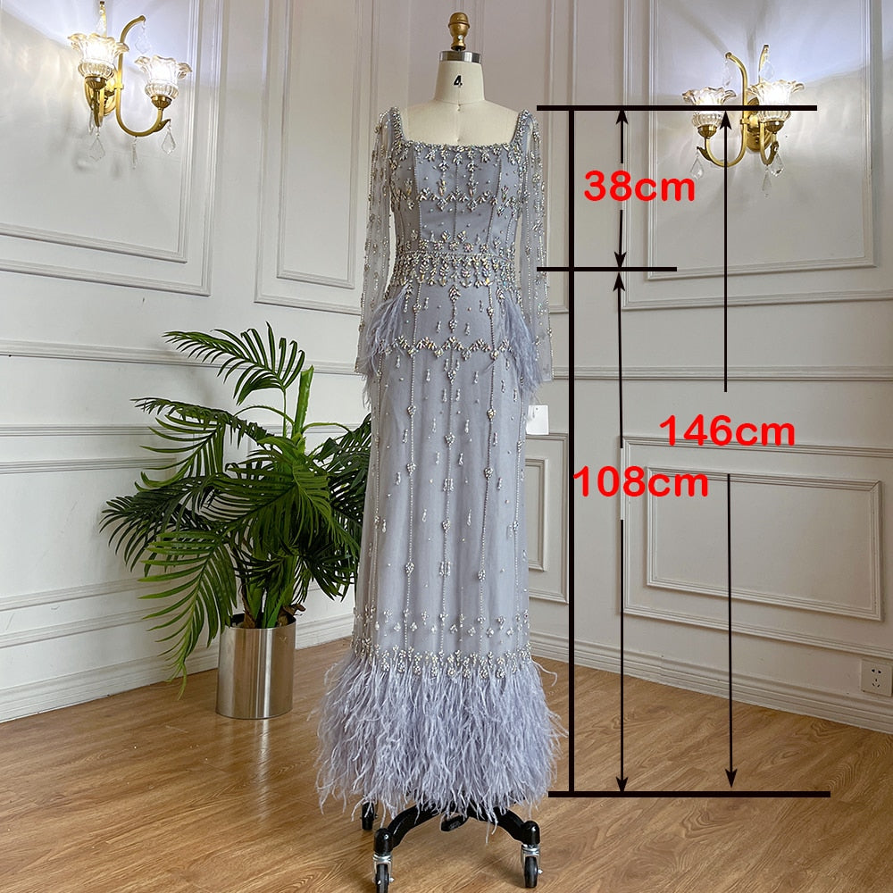 MuslimTurquoise Mermaid Elegant Evening Dresses Gowns 2025 Luxury Beaded Feather For Women Party LA71722