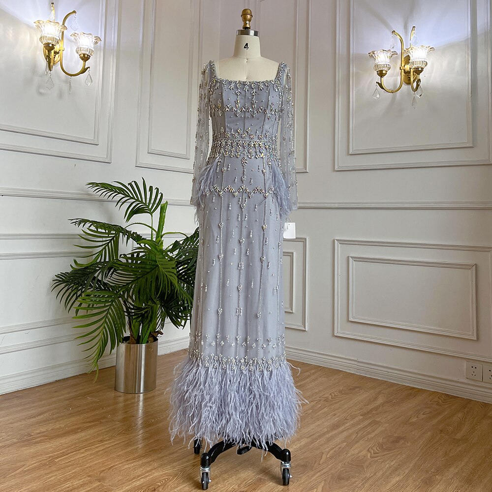 MuslimTurquoise Mermaid Elegant Evening Dresses Gowns 2025 Luxury Beaded Feather For Women Party LA71722