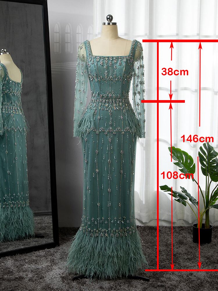 MuslimTurquoise Mermaid Elegant Evening Dresses Gowns 2025 Luxury Beaded Feather For Women Party LA71722