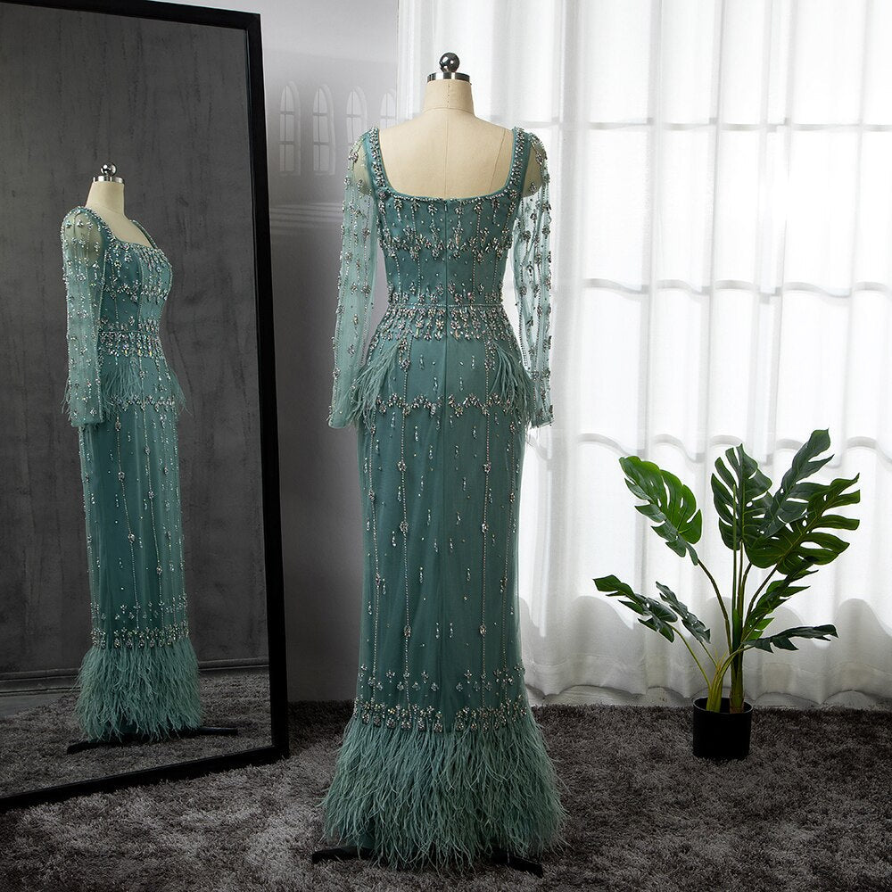 MuslimTurquoise Mermaid Elegant Evening Dresses Gowns 2025 Luxury Beaded Feather For Women Party LA71722