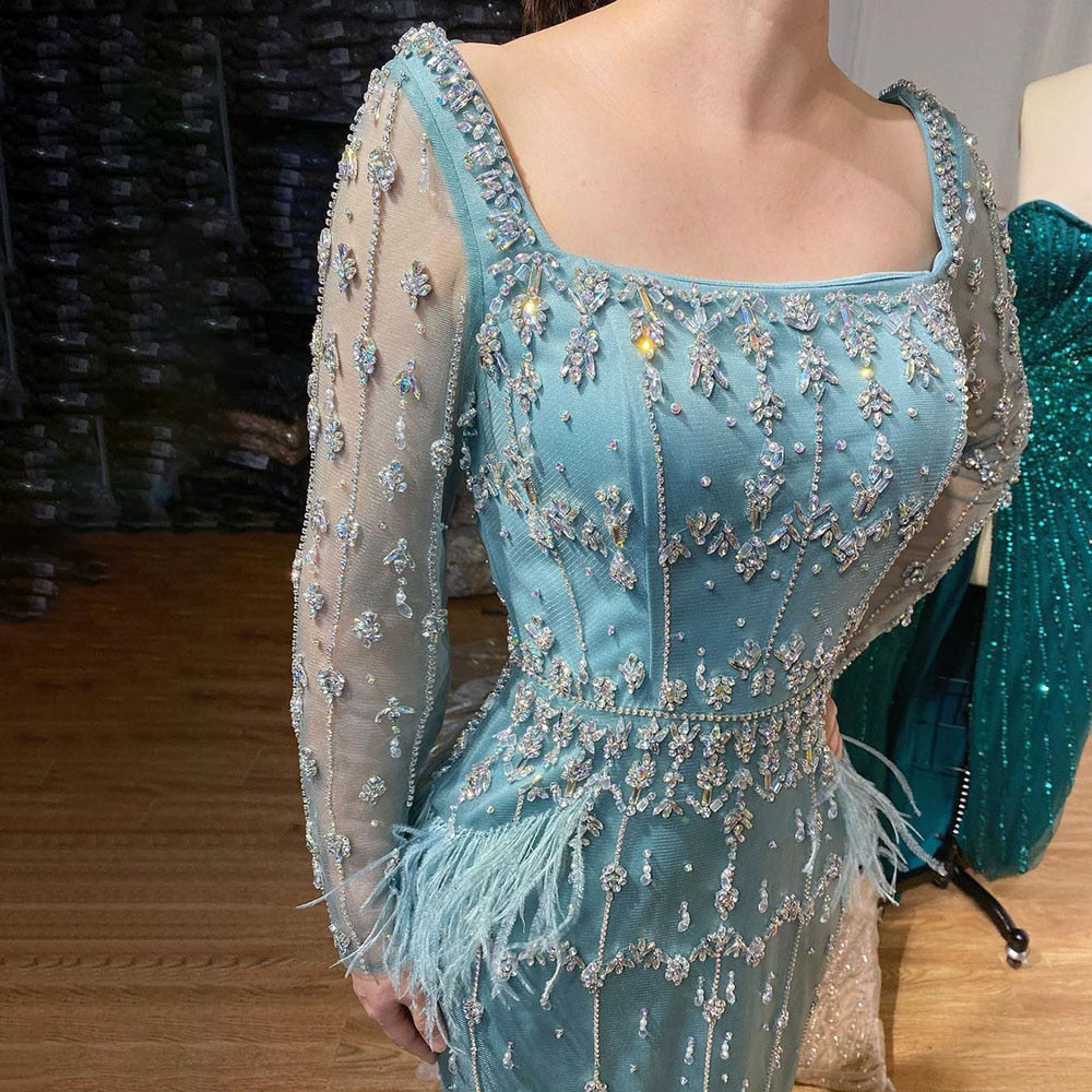 MuslimTurquoise Mermaid Elegant Evening Dresses Gowns 2025 Luxury Beaded Feather For Women Party LA71722