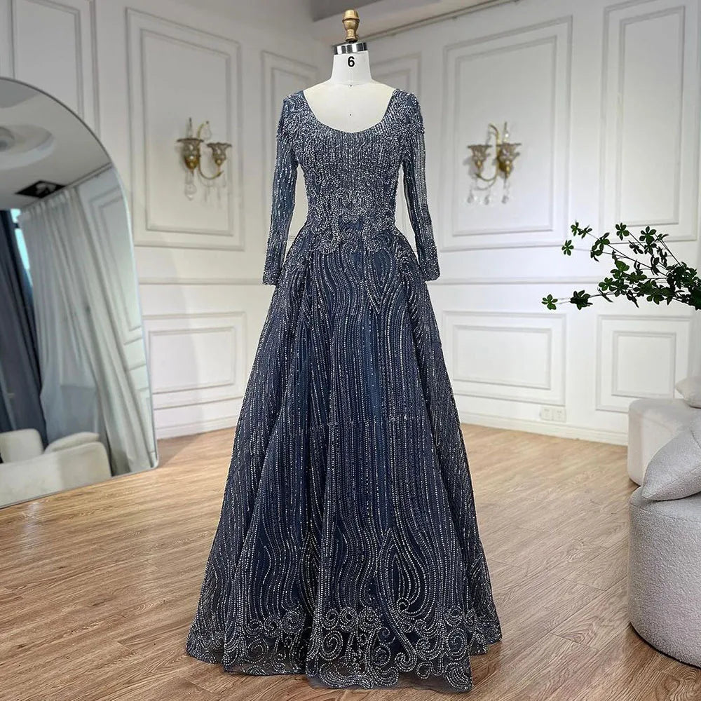 Muslim Navy Blue Overskirt Luxury Dubai Evening Dresses 2025 Elegant A Line Beaded For Women Party LA70773A