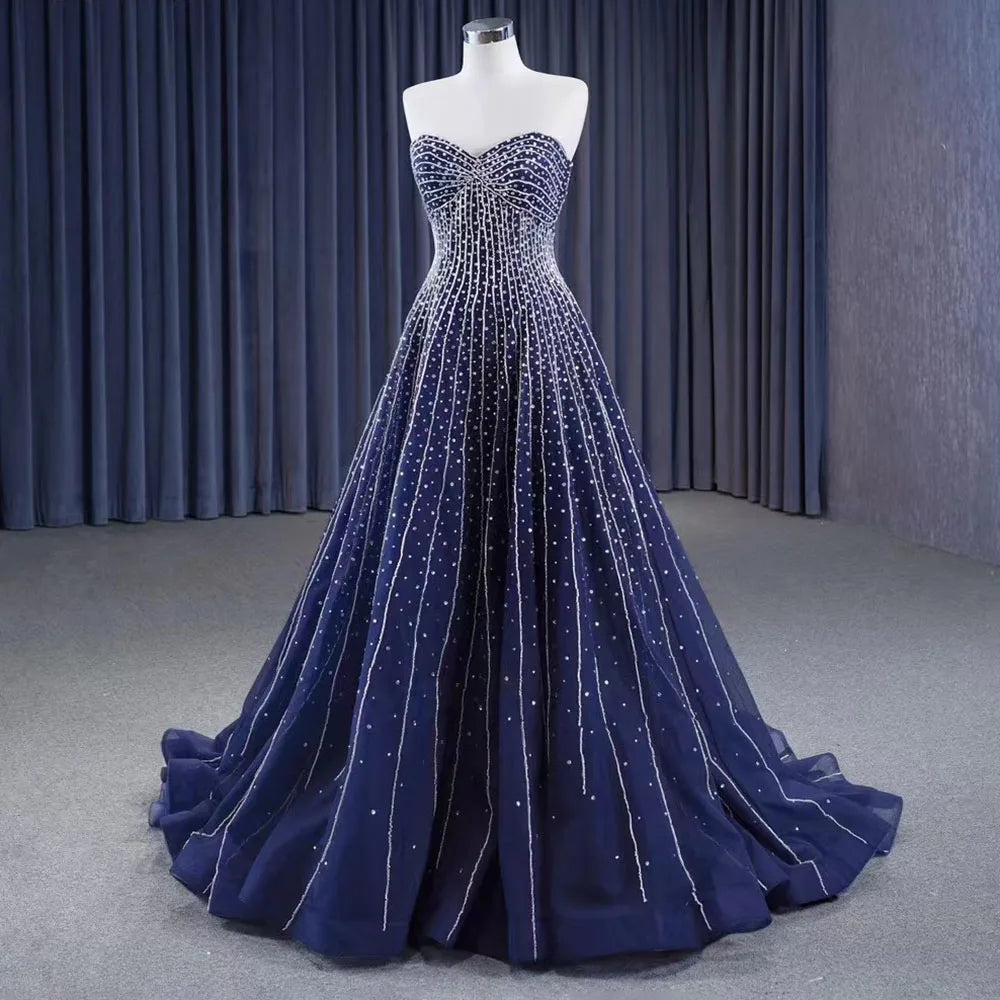 Navy Blue High End Sexy Strapless Crystal Beaded Luxury Pearls Lace Up Bride Gowns Wedding Dress Custom Made HM23102