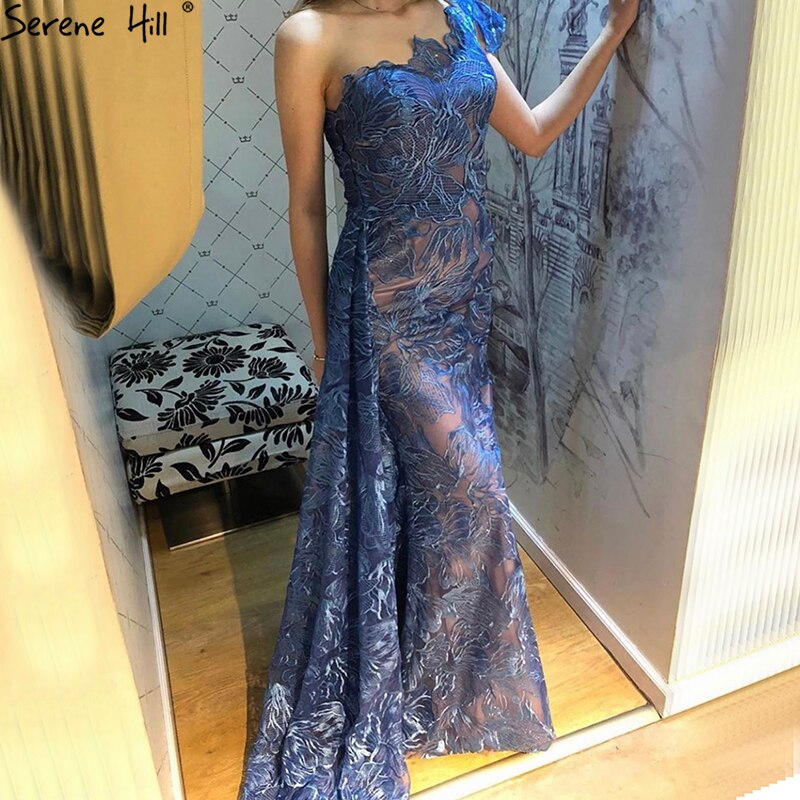 Navy Blue Mermaid Evening Dresses Dubai One Shoulder Sexy Flowers Formal Dress Design LA70753