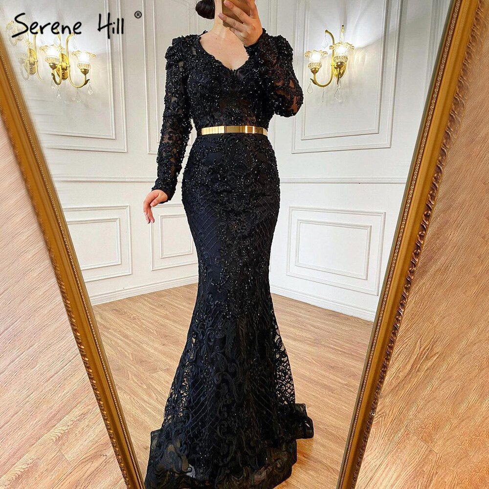 Navy Blue Mermaid Lace Beaded Muslim Luxury Evening Dresses Gowns 2025 Party For Woman LA71075