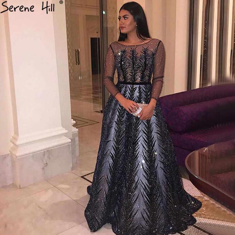 Navy Blue Muslim Velvet Evening Dresses Gowns 2025 Beaded Luxury A-Line For Woman Party LA71078