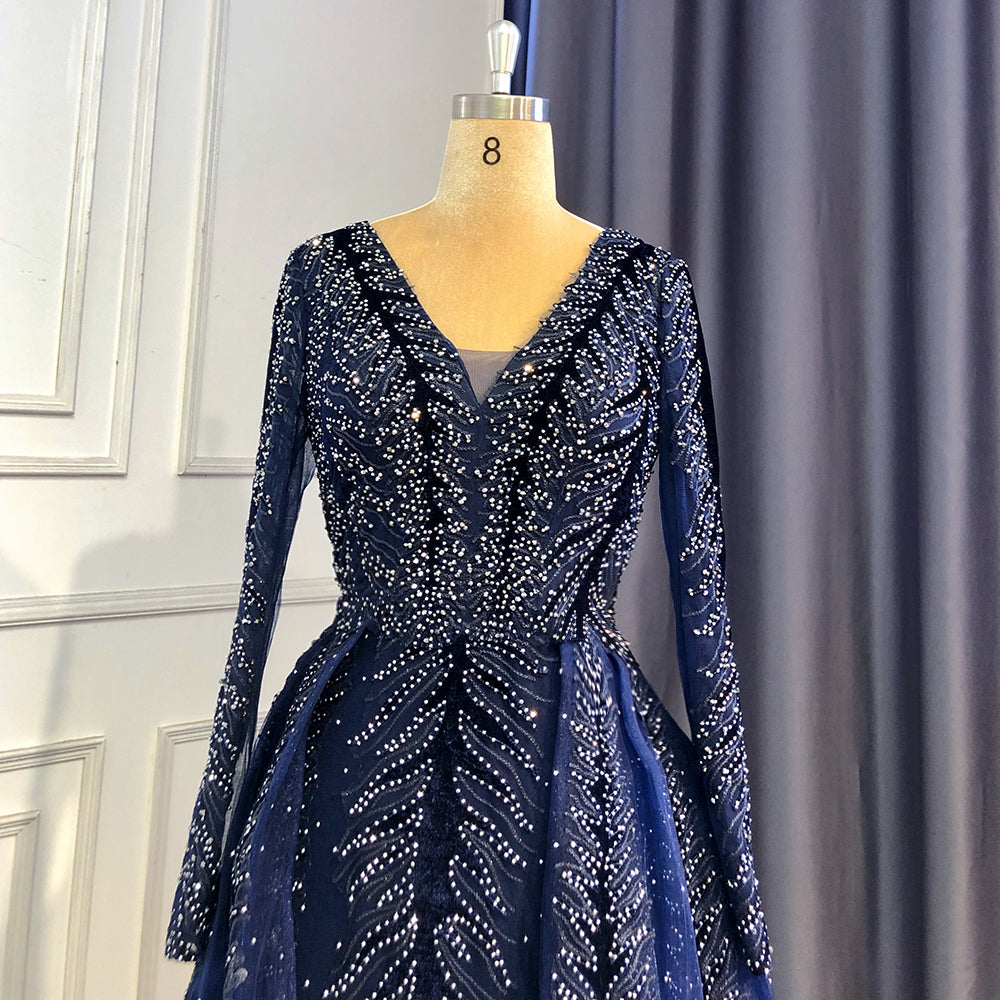 Navy Blue Velvet Muslim Mermaid Elegant Evening Dresses Beaded Long Sleeves With Skirt Not Removable 2025 LA71691