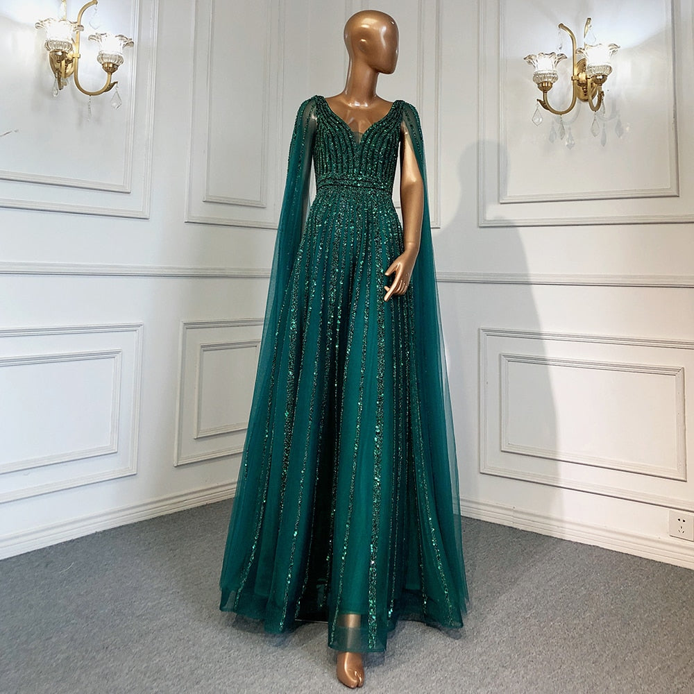 Luxuriöses hautfarbenes Dubai-Abendkleid mit Cape-Ärmeln LA71567
