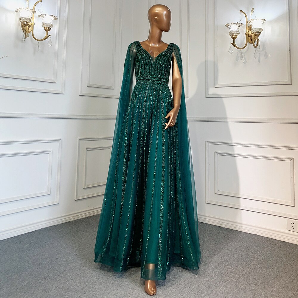 Luxuriöses hautfarbenes Dubai-Abendkleid mit Cape-Ärmeln LA71567