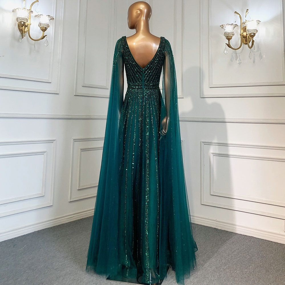 Luxuriöses hautfarbenes Dubai-Abendkleid mit Cape-Ärmeln LA71567