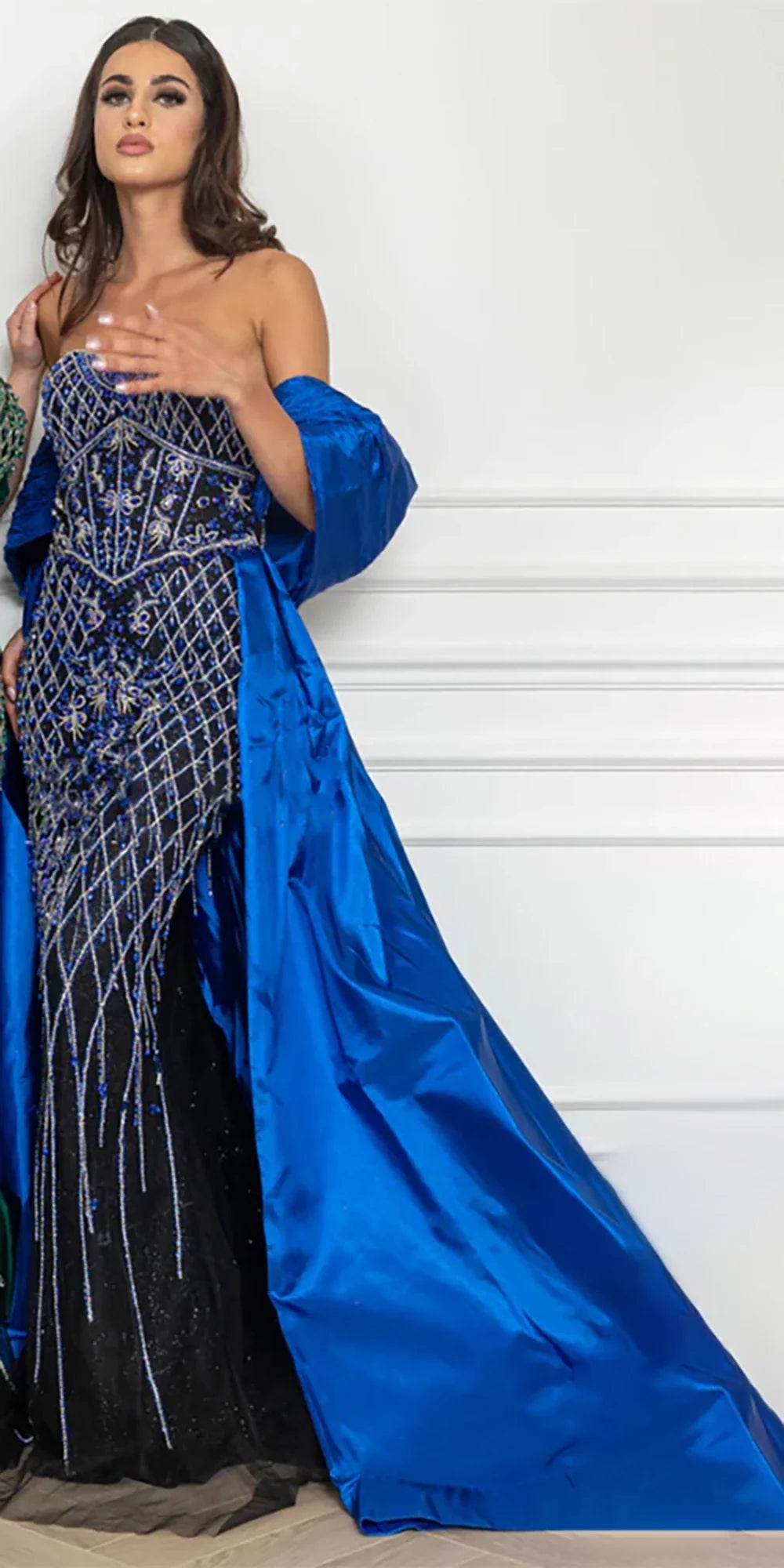 Nude Beaded Mermaid Evening Gown Off Shoulder Shawl Crystal Detailing for Formal Occasion 2025 LA72819