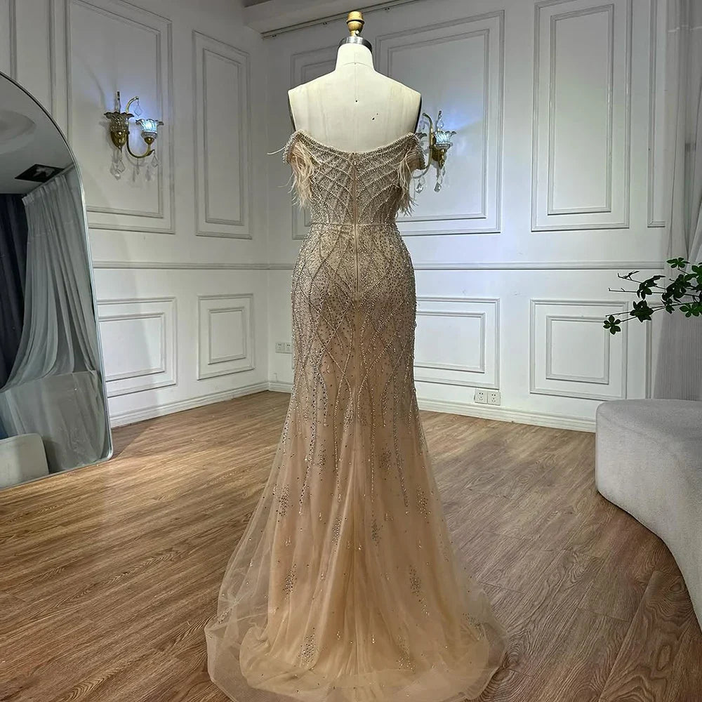 Nude Beaded Mermaid Evening Gown with Feathered Detail for Formal Occasion 2025 LA72818