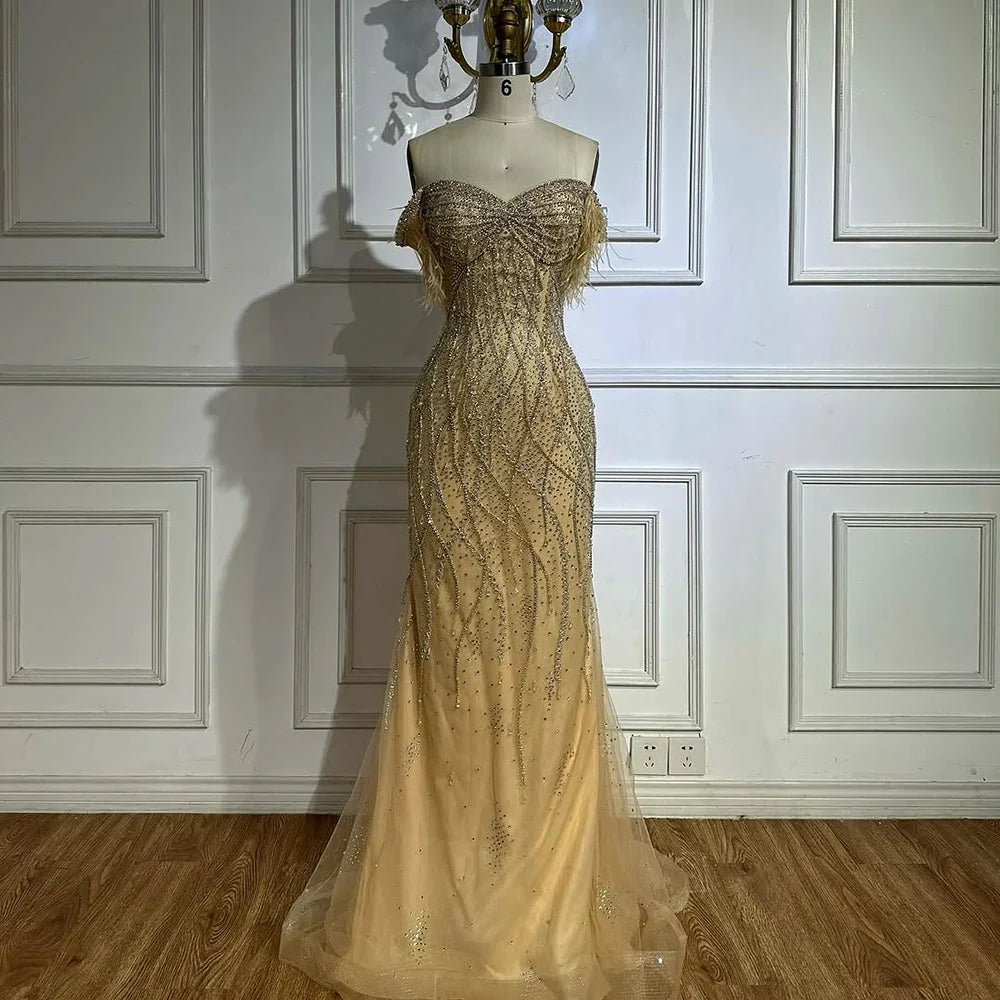 Nude Beaded Mermaid Evening Gown with Feathered Detail for Formal Occasion 2025 LA72818