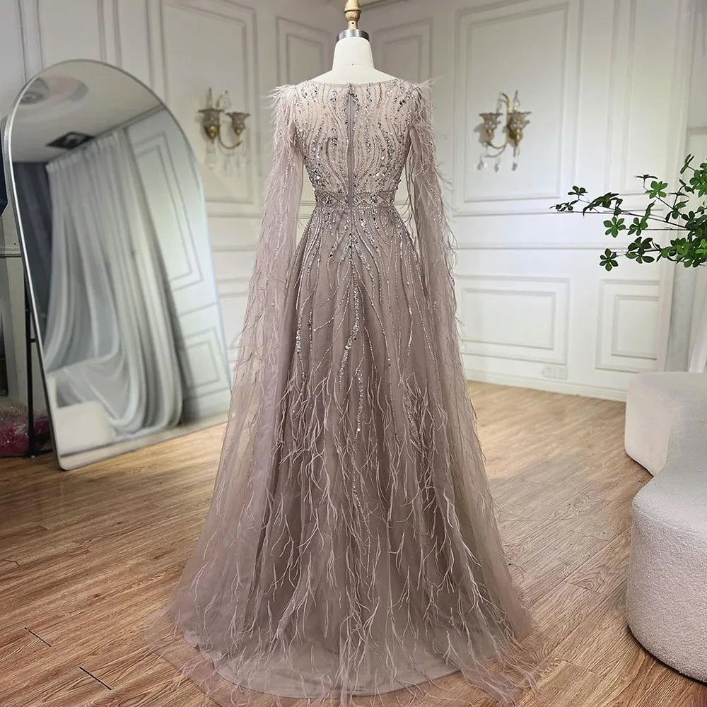 Federn Nude A-Linie Abendkleider mit Cape-Ärmeln LA72304