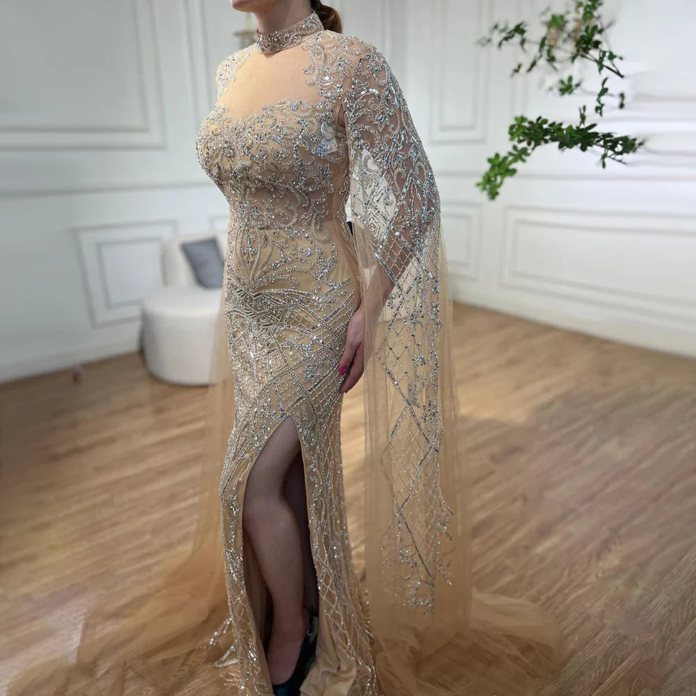 Nude Mermaid Elegant High Collar Cape Sleeves Luxury Beaded Evening Dresses Gowns 2025 For Women Party LA71747