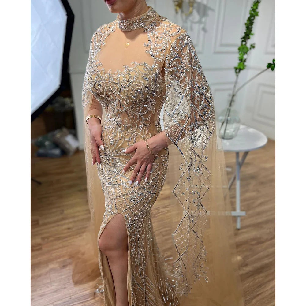 Nude Mermaid Elegant High Collar Cape Sleeves Luxury Beaded Evening Dresses Gowns 2025 For Women Party LA71747