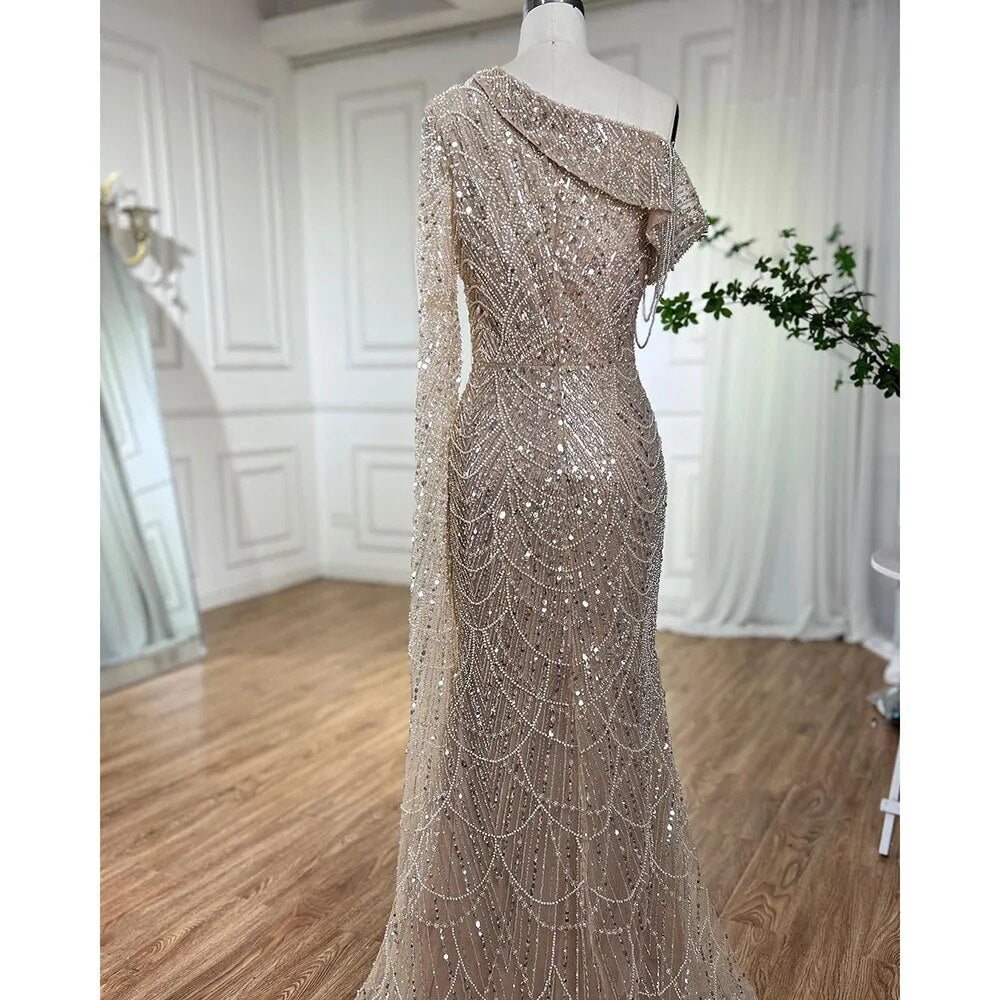 Vestido de noche de lujo con cuentas y perlas, corte sirena, un hombro, LA72139